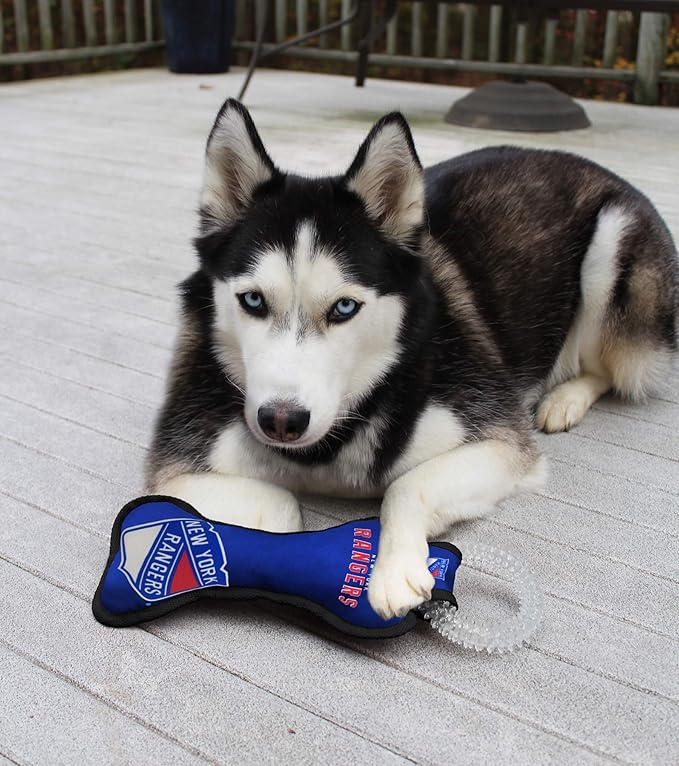 Pets First NHL New York Rangers Dental Dog TUG Toy with Squeaker. Tough PET Toy for Healthy Fun, Teething & Cleaning Pet's Teeth & Gum., one Size (NYR-3310)