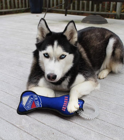 Pets First NHL New York Rangers Dental Dog TUG Toy with Squeaker. Tough PET Toy for Healthy Fun, Teething & Cleaning Pet's Teeth & Gum., one Size (NYR-3310)