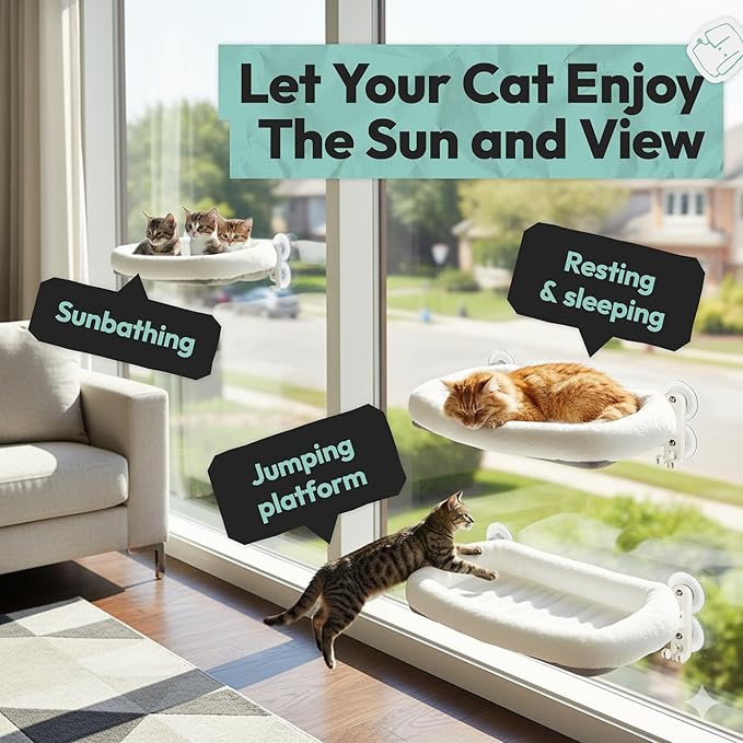 Cordless Cat Window Perch, Foldable Cat Window Hammock, 4 Strong Suction Cups, Solid Metal Frame, Patented Hook Design, Cushion White, L