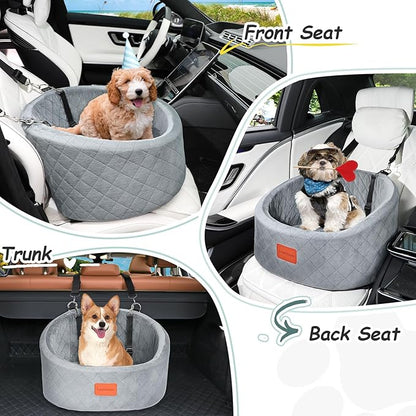 Lealchum Dog Car Seat for Small Dogs Up to 30 Lbs,Ultra Soft Fabric Fill in Comfy Memory Foam,Happy Pet Ride,2 Safety Dog Leashes,Fully Detachable and Washable,Anti Slip Base(Grey)