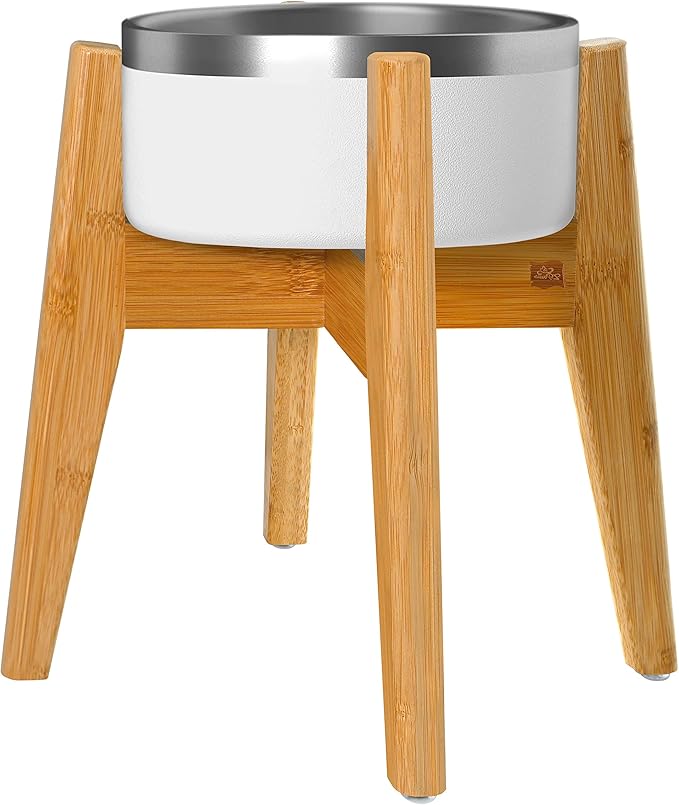 Dog Bowl Stand (14-inch High) - Ideal for Large Breeds, Use to Elevate, Raise Pet Dishes, Water Fountains and Slow Feeders - Adjustable Sideways, Bamboo - (Bowls not Included)