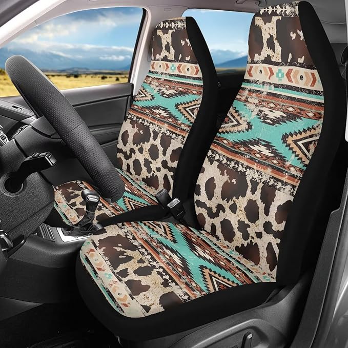 Aztec Cow Print Automotive Seat Covers Seat Cover Front Seats Only for Women Men Universal fit for Cars, SUVs, Trucks Car Accessories Blanket Seat Protector Easy to Install