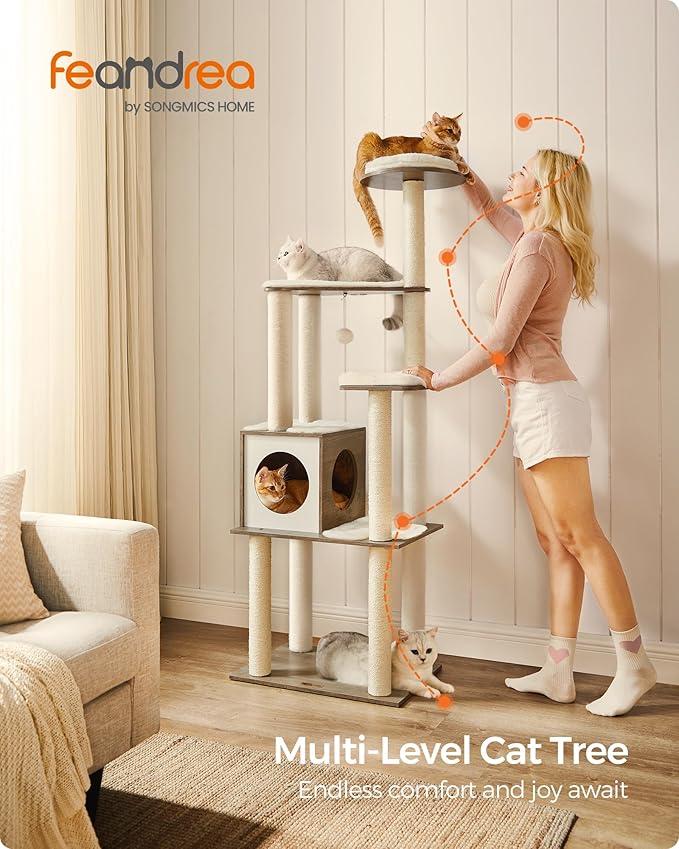 Feandrea Cat Tree, 64.6-Inch Modern Cat Tower, Multi-Level Condo with 5 Scratching Posts, Perch, Washable Removable Cushions, Cave, Heather Greige UPCT166G01