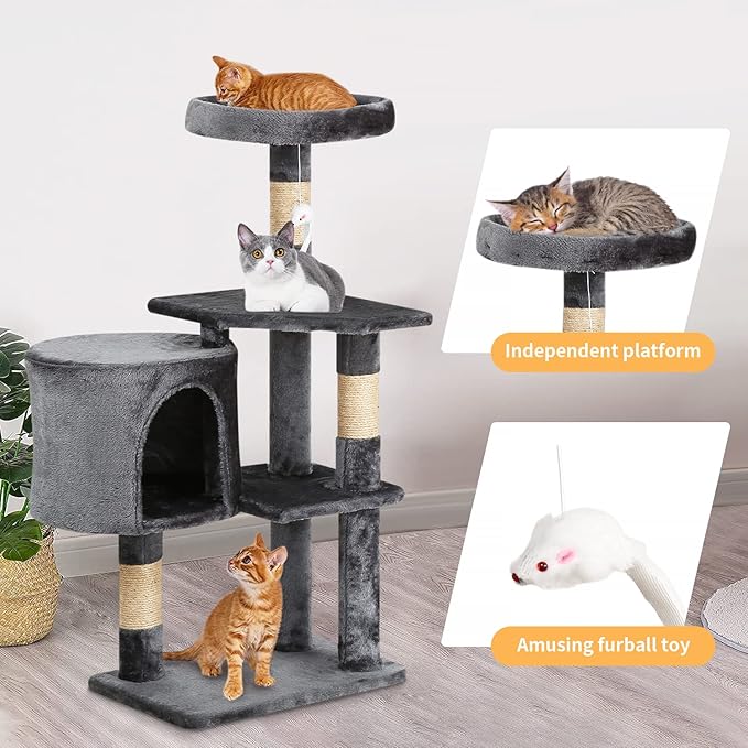 BestPet | 36" Cat Tree Tower | Light Gray | Sturdy Multi-Level Cat Tree with Plush Condo, Cozy Perch, Sisal Scratching Posts, Hanging Toy and Stable Frame | Easy Assembly | for Kittens & Adult Cats