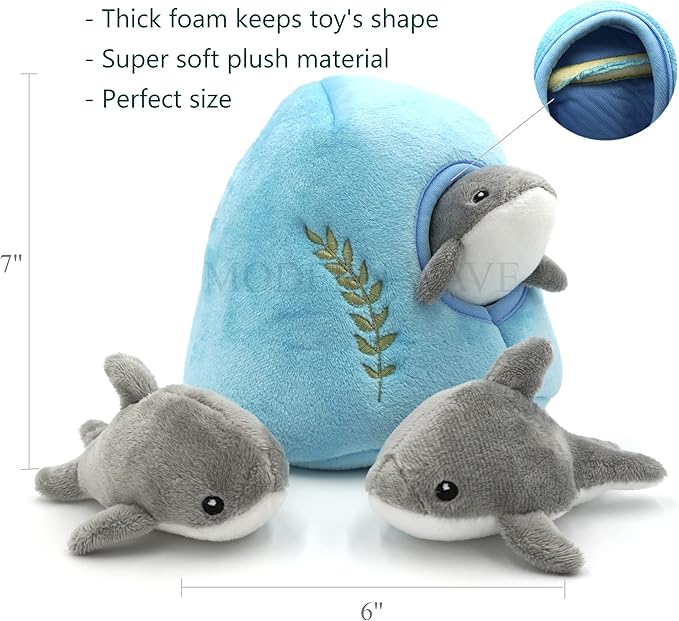 MODERN WAVE - Interactive Squeaky Plush Hide and Seek Squirrel Type Puzzle Toy for Dogs, Medium Size (Ocean and Dolphins)