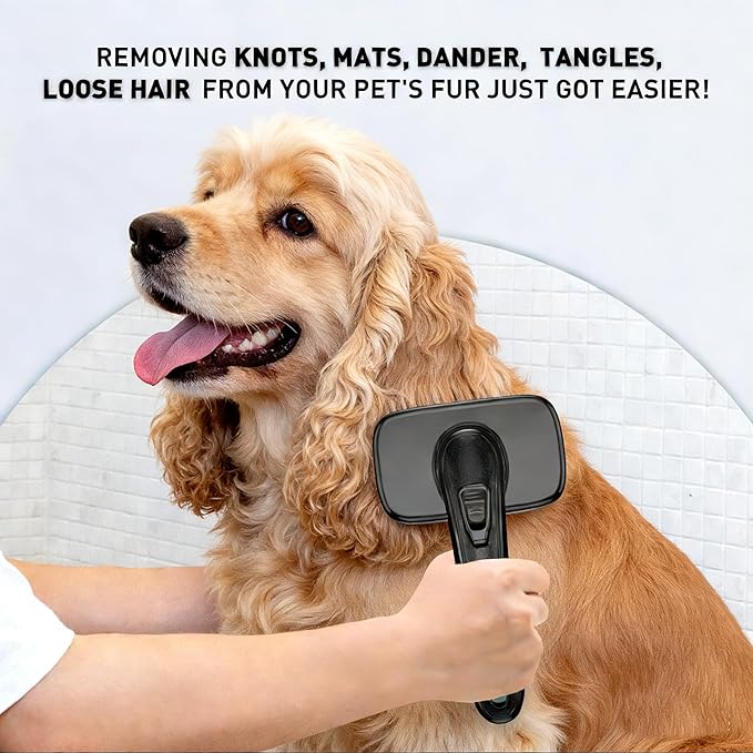 Self Cleaning Slicker Brush for Dog, Cat, Skin Friendly Shedding & Grooming Tool for Long and Short Haired Pets, Easy Clean Retractable Bristles, Black