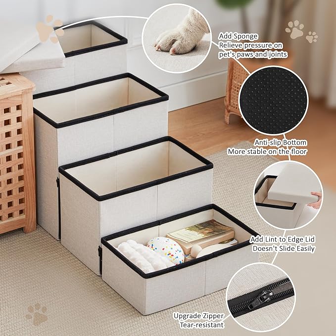 Love's cabin Dog Stairs for Small Medium or Large Dogs with Storage and Adjustable Steps, Foldable Pet Steps for Bed or Couch, 4-Step Beige Folding Cat Ramp with Zip up to 200 lbs, Beige