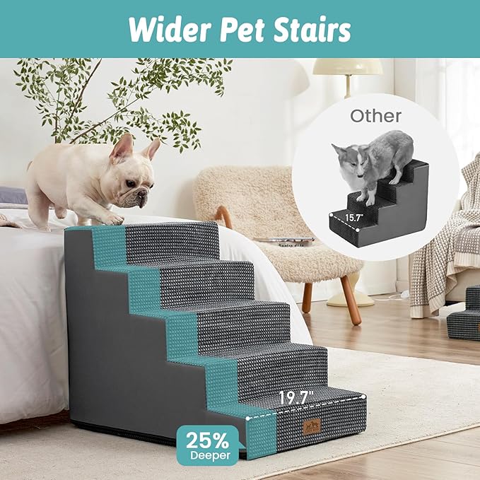 Dog Stairs for Small Dogs 5-Step, 19.7" Extra Wide Right-Angle Pet Stairs for Couch and Beds, Anti-Slip Dog Steps for Old Cats and Lowrider, 19.7x29.5x23.6 inch, Dark Grey