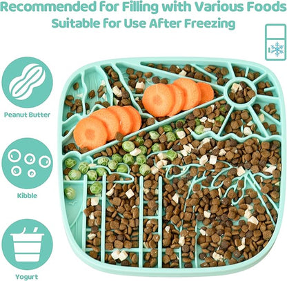 Puzzle Feeder Snuffle Mat and Lick Mat for Dogs, California Textured Slow Feeder, 0.75 Inch Thin Silicone Mat Holds 3 Cups, Dishwasher and Microwave Safe, Green