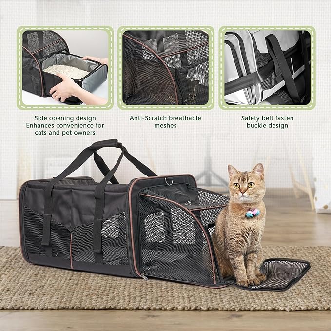 Expandable Cat Carrier for 2 Cats, Double Compartment Large Pet Carrier for Long Distance Car Travel, Includes 2 Portable Litter Boxes, Foldable Multi-Cat Travel for Road Trips & Camping, Black