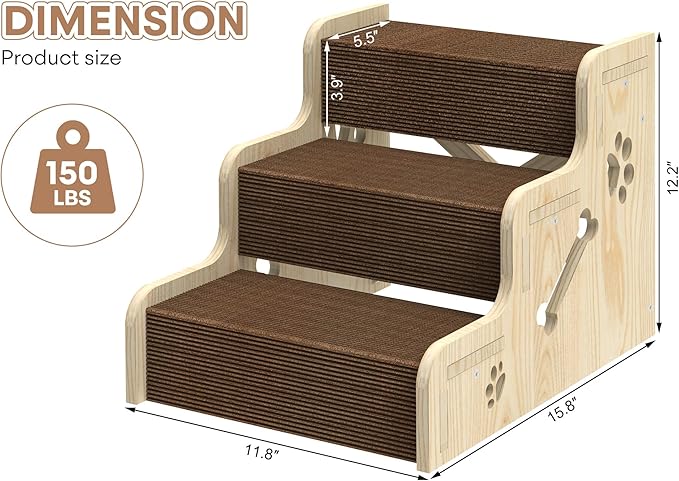 Dog Stairs for Small Dogs, 3-Step Wooden Dog Ramp for Bed, Couch & Car, Non-Slip Pet Stairs for Small Old Short-Legged Puppy & Cat, Indoor Pet Steps with X-Brace Support
