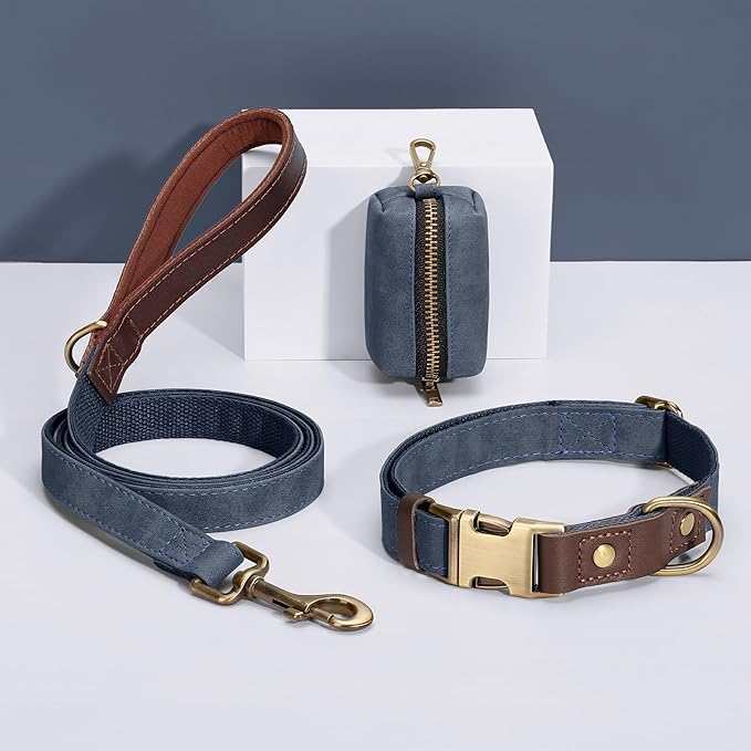 Didog Classic Dog Poop Bag Holder, Easy-Pull and Elegant PU Leather Pet Waste Bag Dispenser for Leash with Carabiner Clip, Includes 1 Roll Dog Waste Bag for Daily Walking,Blue