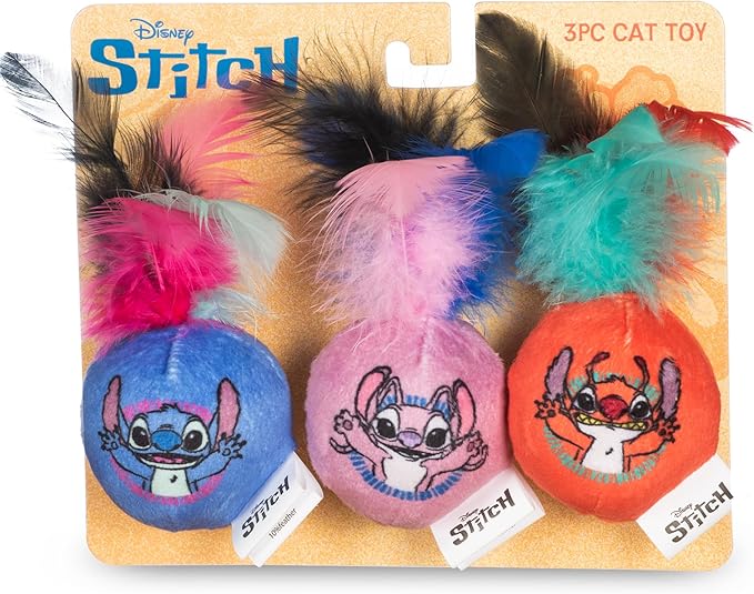 Disney for Pets Lilo and Stitch 3pk Feathered Jingle Balls Cat Toys with Catnip, Feather Teaser Ball Set for Cats, Cute Kitty Toy Fans