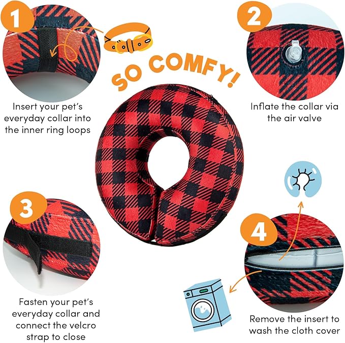 BENCMATE Inflatable Dog Cone Collar Alternative, Soft Dog Cone for Small Medium Large Dogs and Cats, Neck Recovery ECollar Donut Collar After Surgery (Medium, Plaid)