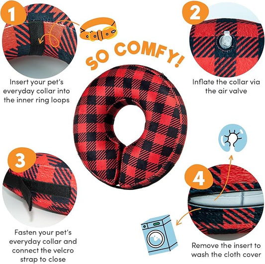 BENCMATE Inflatable Dog Cone Collar Alternative, Soft Dog Cone for Small Medium Large Dogs and Cats, Neck Recovery ECollar Donut Collar After Surgery (Medium, Plaid)