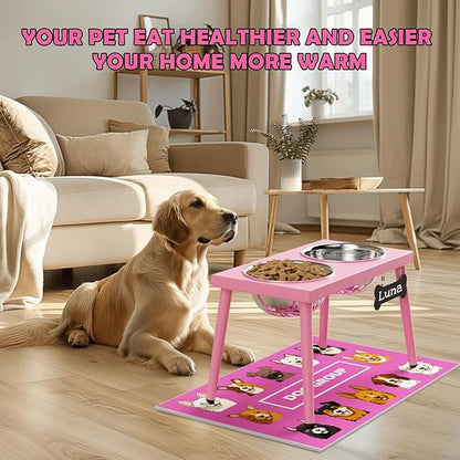 Raised Dog Bowl Stand for Large Medium Dogs, Elevated Dog Bowls with Sprill Proof Mat &Two 58OZ Stainless Steel Bowls,Pink