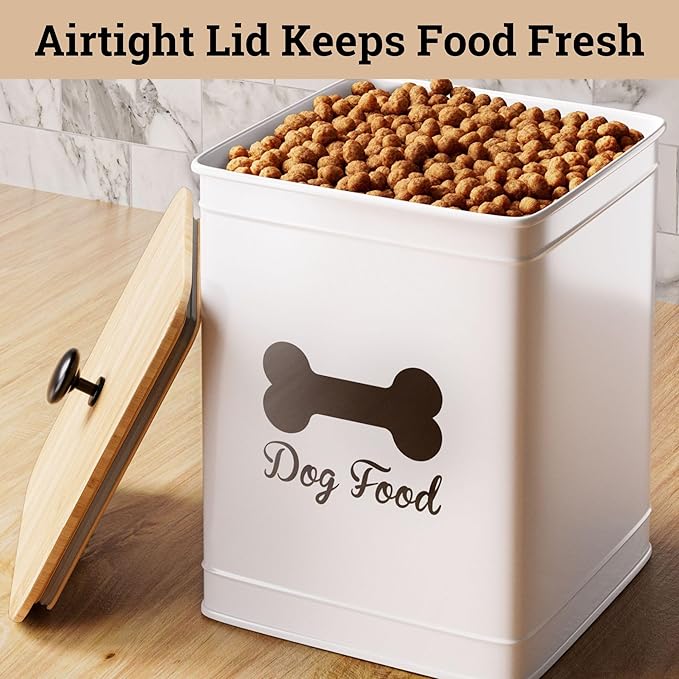 Dog Food Container Airtight 5-7 lb (25 Cup) Capacity - Cute Airtight Dog Food Storage Container with Bamboo Lid & Sturdy Metal Handle - White Metal Kibble Storage Bin for Dogs up to 50 lbs - Pet Jar