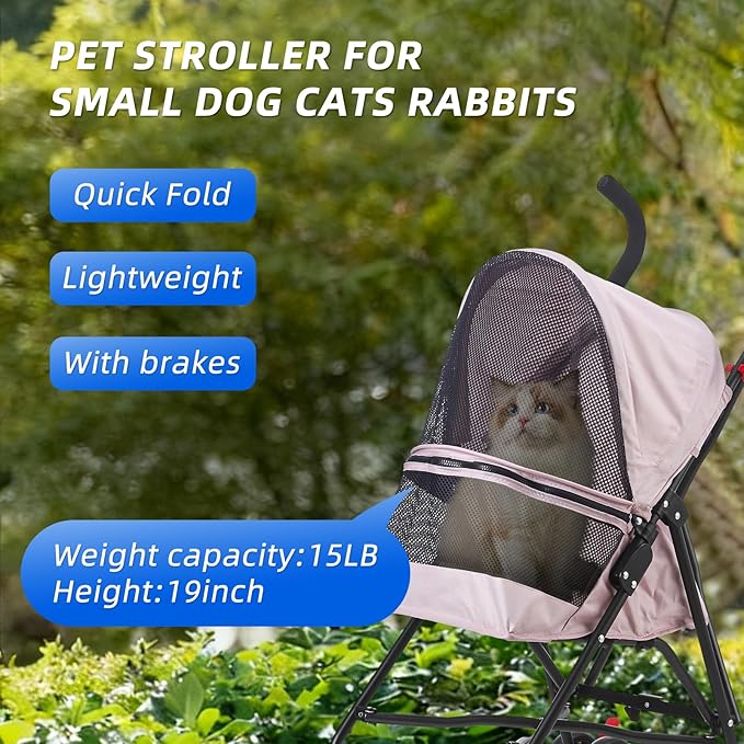 Pet Stroller Oxford Cloth Foldable Dog Strollers for Small Dogs and Cats Suitable for All Road Surfaces Wide-View Panoramic Window 4 Wheels with Brakes Portable Design, Easy to Store (Pink)