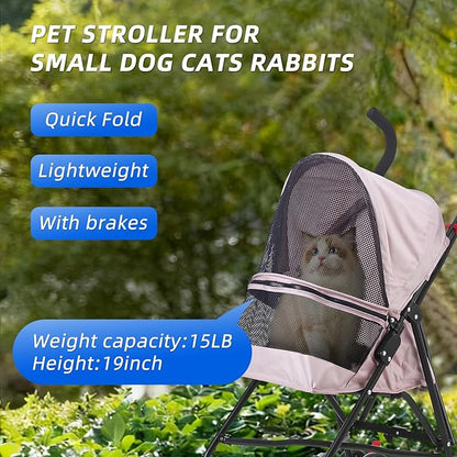 Pet Stroller Oxford Cloth Foldable Dog Strollers for Small Dogs and Cats Suitable for All Road Surfaces Wide-View Panoramic Window 4 Wheels with Brakes Portable Design, Easy to Store (Pink)