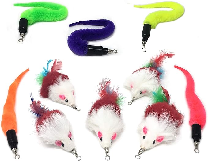 Pet Fit For Life - 10 Piece Kitten Toy Refill Pack - Replacement for Indoor Cat's Interactive Wand and Catch Wand - Features 5 Squiggly Worms and 5 Furry Mouse Feather Attachments