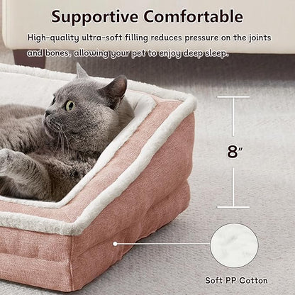Cat Couch for Pets, Washable Cat Beds for Indoor Cats, Super Soft Plush Supportive Dog Couch Bed for Puppy and Kitten with Anti-Slip Bottom, 24inch, Pink