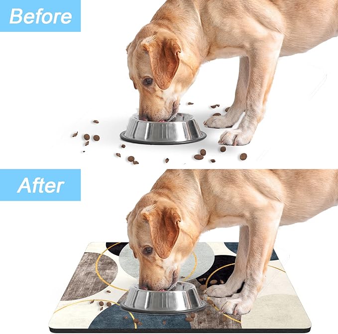 Rnivvi Dog Food Mat, 12" x 19" Boho Absorbent Dog Cat Bowl Mat for Food and Water, 3MM Anti-Slip Rubber Pet Feeding Rug Protect Floors, Puppy Placemat for Feeding & Watering Supplies, Abstract Circle