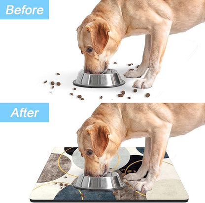 Rnivvi Dog Food Mat, 16" x 24" Boho Absorbent Dog Cat Bowl Mat for Food and Water, Cute Anti-Slip Rubber Pet Feeding Rug Protect Floors, Puppy Placemat for Feeding & Watering Supplies, Abstract Circle