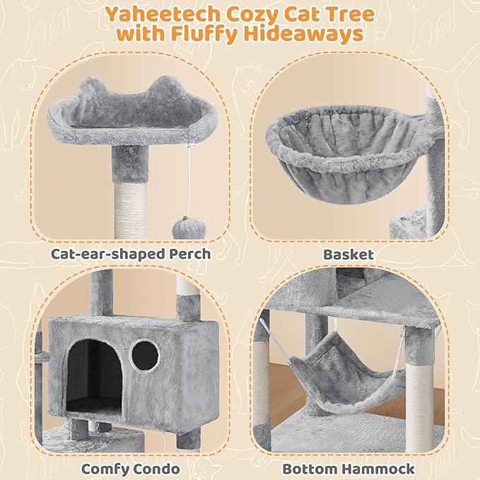 Yaheetech 64.5in Extra Large Multi-Level Cat Tree Kittens Play House Condo with Platform, Perch Hammock & Scratching Posts, Light Gray