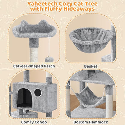 Yaheetech 64.5in Extra Large Multi-Level Cat Tree Kittens Play House Condo with Platform, Perch Hammock & Scratching Posts, Light Gray