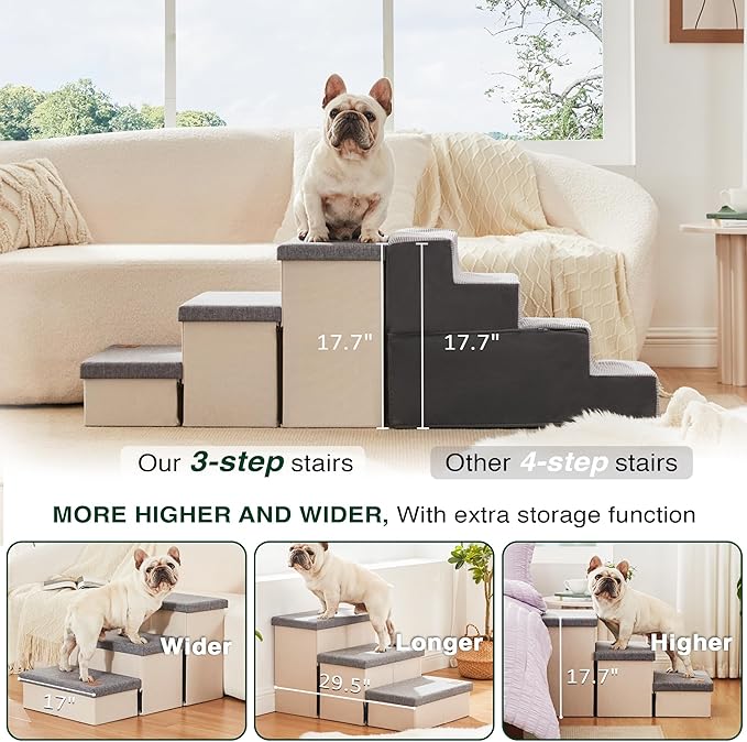 Love's cabin Dog Stairs for High Bed 18" H, Foldable Pet Stairs for Small Medium or Large Dogs Puppy with Storage for Bed or Couch, Cat Dog Steps Ramp with Zip up to 200 lbs, Light Grey, 3 Steps