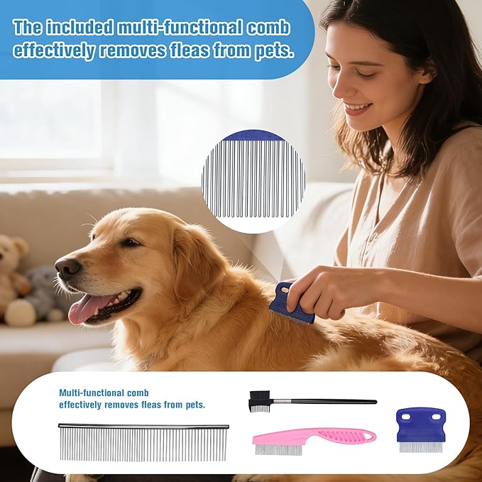 Pet Hair Remover Set with Spray & Self-Storage – Reusable Double-Sided Roller, 4-Piece Grooming Brushes & Combs for Dogs, Cats, Furniture & Clothing