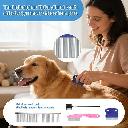 Pet Hair Remover Set with Spray & Self-Storage – Reusable Double-Sided Roller, 4-Piece Grooming Brushes & Combs for Dogs, Cats, Furniture & Clothing