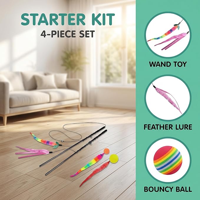 Interactive Cat Wand Toy Set - 4 Pack Entry Level with Bouncy Balls, Worm Teasers & Rainbow Bug Attachments for Indoor Cats & Kittens