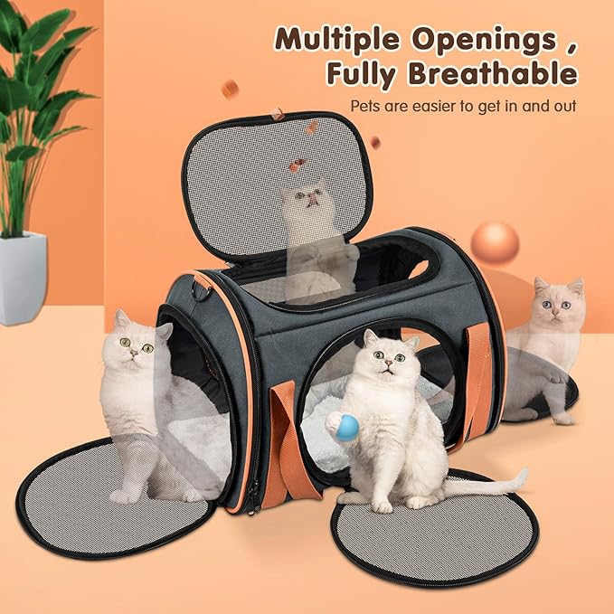 Cat Carrier TSA Airline Approved with Ventilation for Small Medium Cats Dogs Puppies, Dog Carrier with Big Space, 5 Mesh Windows, 4 Open Doors for Comfortable Travelling.