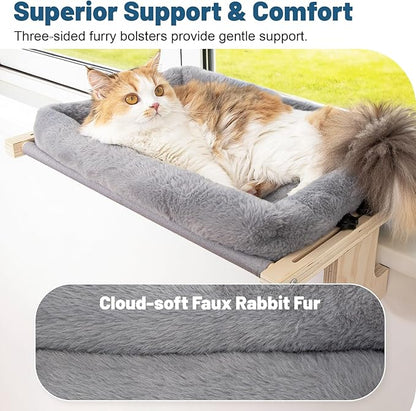 Cat Sill Window Perch - 100% Natural Pine Frame, Soft Rabbit Fur Cushion, Tool-Free Adjustment, Supports 50 lbs (Large-Grey)