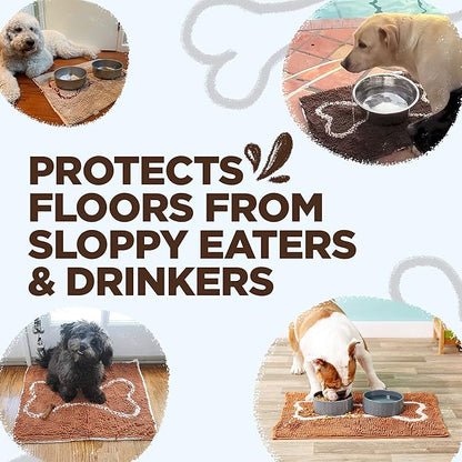 Soggy Doggy Slopmat Dog Food Mat – Absorbent Microfiber Chenille Pet Feeding Mat for Food & Water Bowls, Muddy Paws Small Doormat, Non-Slip, Machine Washable Rug – Chocolate/Oatmeal Bone, 18” x 24”