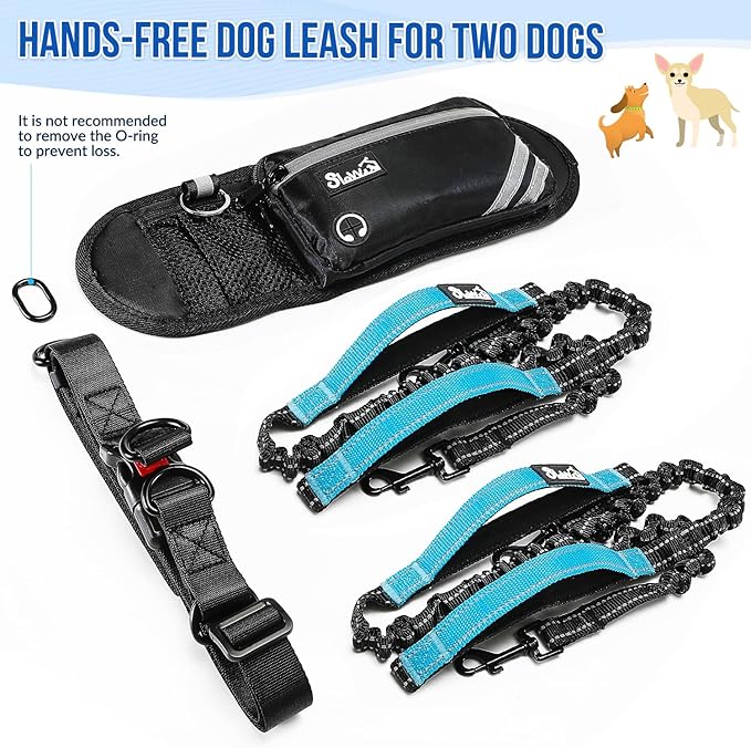 Hands Free Dog Leash for 2 Dogs, Adjustable Waist Belt with Zipper Pouch, Dual Handle Retractable Elastic Bungee with Reflective Stitches for Medium and Large Dogs Training Running