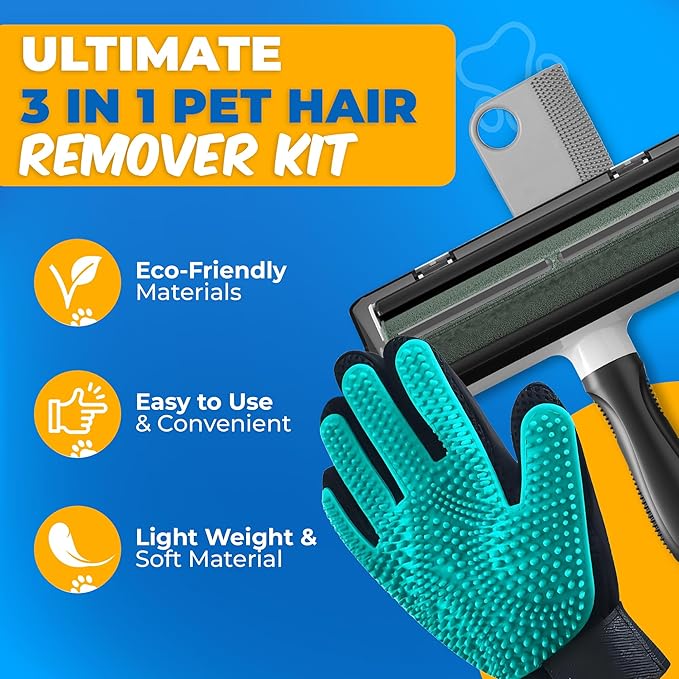 Ultimate Pet Hair Remover Kit – Pet Hair Removal Glove + Lint Roller Brush + Deep-Removal Tool – for Sofa, Furniture & Car Seats – Dog Grooming Gloves for Shedding, Dogs & Cats