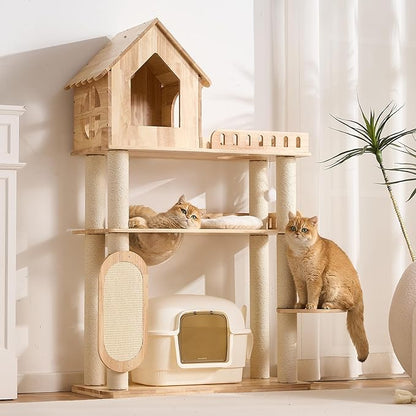 58" Tall&Wide Solid Wood Cat Tree Tower for Indoor Cats, Modern Cat Tree Open-Style Cat Villa Condo with Scratching Posts & Board, Cat Beds, Multi-Level Cat Furniture with Space for Litter Box