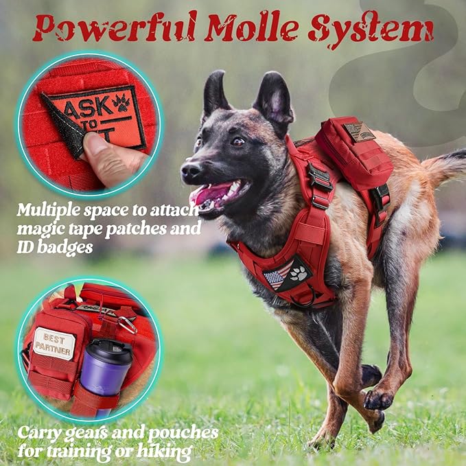 rabbitgoo Tactical Dog Harness Medium Sized, Heavy Duty Pet Harness with Handle, No-Pull Service Vest Medium Breed, Adjustable Military Dog Vest for Training Hunting Walking, Red, M