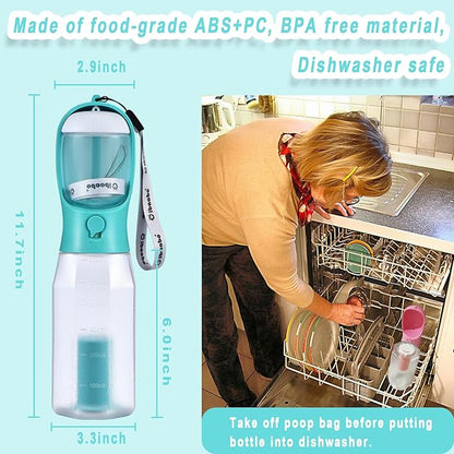 Cibaabo Dog Water Bottle with Food Container & Poop Bag Holder, Travel Water Bowl, Portable Pet Dispenser, Dog Gifts Stuff Accessories Items, Puppy Essentials for Yorkie Chihuahua Walking Hiking