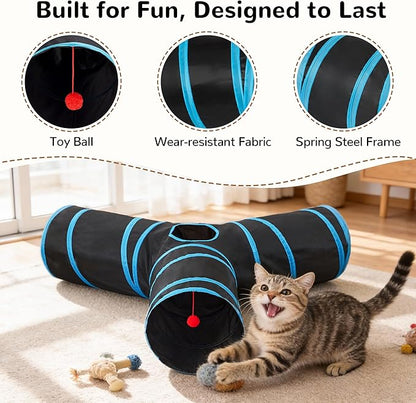 Tempcore Pet Tunnel Tube Cat Toys 3 Way Collapsible, Cat Tunnels for Indoor Cats，Kitty Tunnel Bored Cat Pet Toys Peek Hole Toy Ball, Puppy, Kitty, Kitten, Rabbit Blue Large Size
