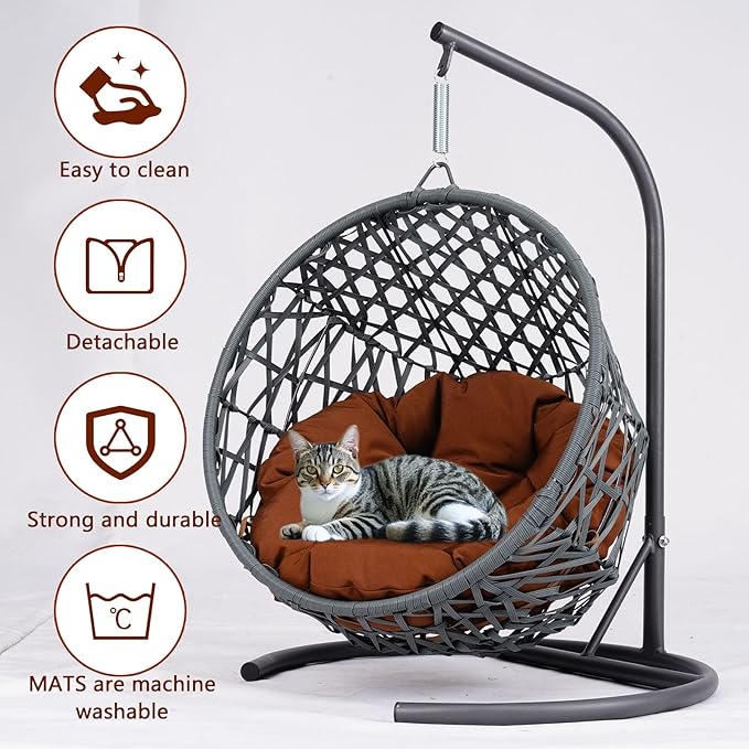 Anwick Cat Swing Bed with Stand & Cushion Indoor Outdoor, Egg Chair with Rattan Wicker Appearance, Indoor Hanging Swinging Hammocks for Cat, Dogs, and Small Animals Bedroom Porch (Brown-2)