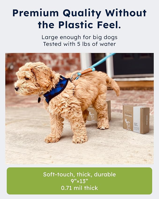 Wooflinen Unscented Compostable Dog Poop Bags – Leak-Proof Dog Poop Bags Rolls – Large 9x13”, Durable, Easy Tear – Made from Plant-Based Materials – For Big & Small Dogs – 120 Bags (8 Rolls)