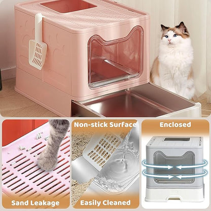 Enclosed Cat Litter Box with Lid Top Exit Covered Metal Stainless Steel Litter Box Leak Proof & Odorless Easy to Clean Including Cat Litter Scoop and Litter Mat