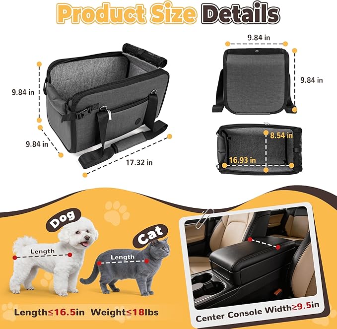 YUDODO Large Dog Car Seat for Center Console (Width＞9.5in) Fits 10-18lbs, Anti-Slip Puppy Cat Travel Portable Booster Seat, Luxury Pet Car Bed Carseat PU Leather Gray
