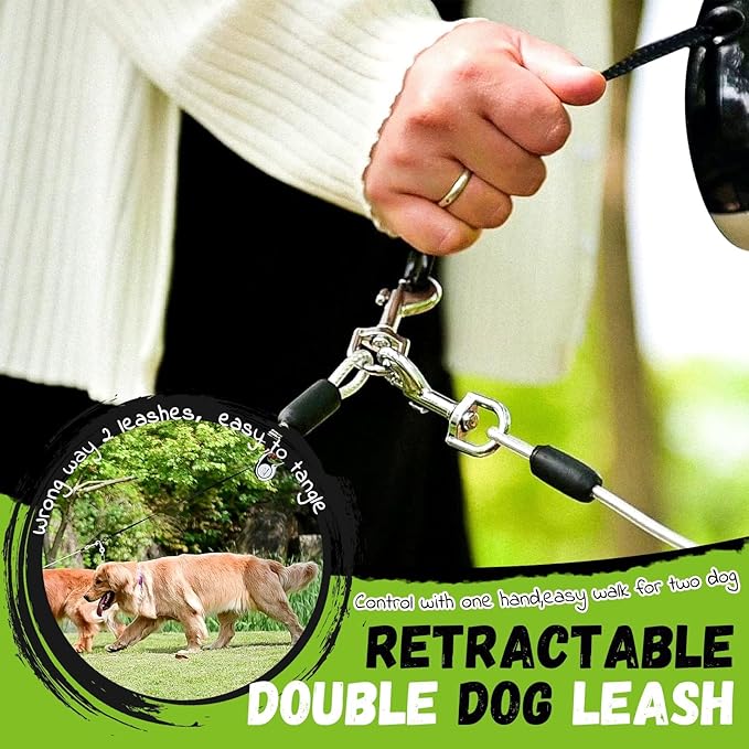 EXPAWLORER Retractable Double Dog Leash - Chew Proof, 2 No Tangle Strong Wire Ropes, 16 ft Heavy Duty Walk Leash for Medium & Large Dogs (Black & White)
