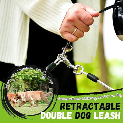 EXPAWLORER Retractable Double Dog Leash - Chew Proof, 2 No Tangle Strong Wire Ropes, 16 ft Heavy Duty Walk Leash for Medium & Large Dogs (Black & White)