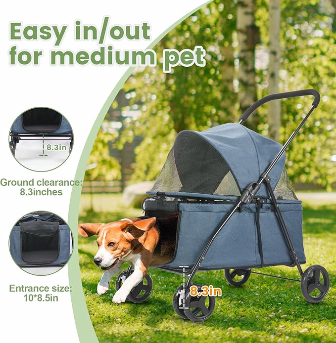20% Larger Capacity Dog Stroller, Wedyvko Pet Strolling for Medium Dogs w/Dog Poop Bags & Dispenser, Storage Pouch, Zipperless, Entry in/Out Easy, Cat Stroller Universal (Navy Bule)