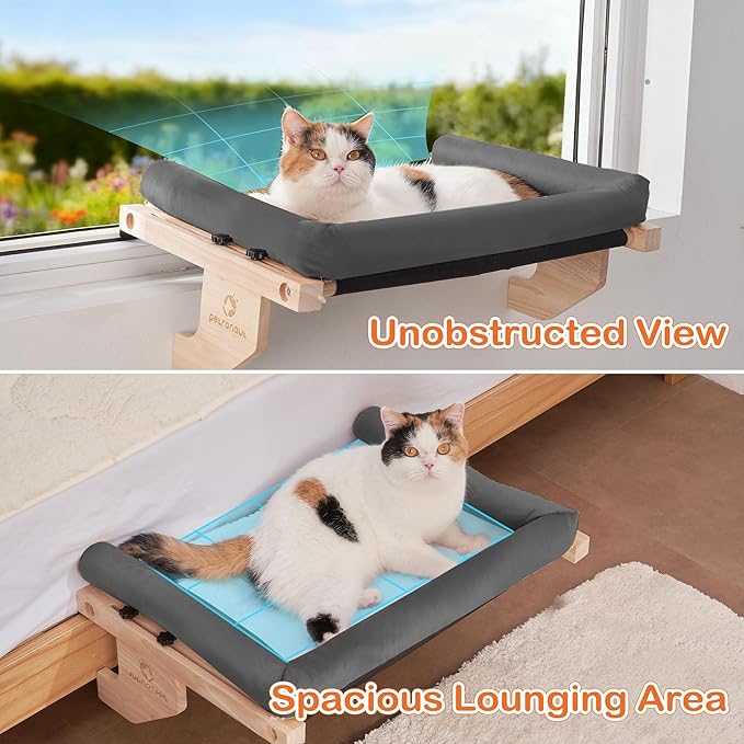 Solid Wood Cat Window Perch for Large Breeds – 40lbs Heavy Duty Cat Window Hammock, Comfortable Orthopedic Feline Bed with Easy Screw-in Assembly, Modern Pet Furniture, Bonus Toy Included